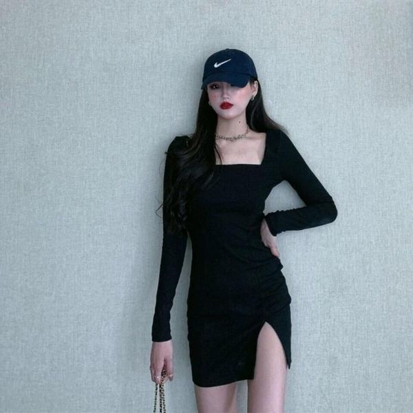 

casual dresses square neck lace patchwork bodycon black dress women elegant cotton fashion side split autumn mini ladies basic, Black;gray