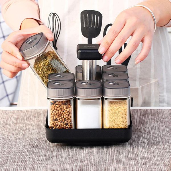

kitchen jars for spices rotating glass cruet seasoning jar set bbq pepper salt shakers paprika bottle storage rack bottles &