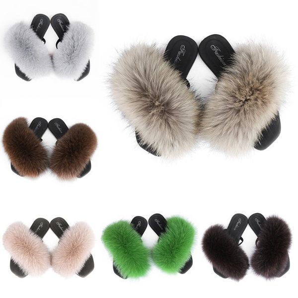 

slippers 2021 fashion real fur women summer outside wearing beach sandals, Black