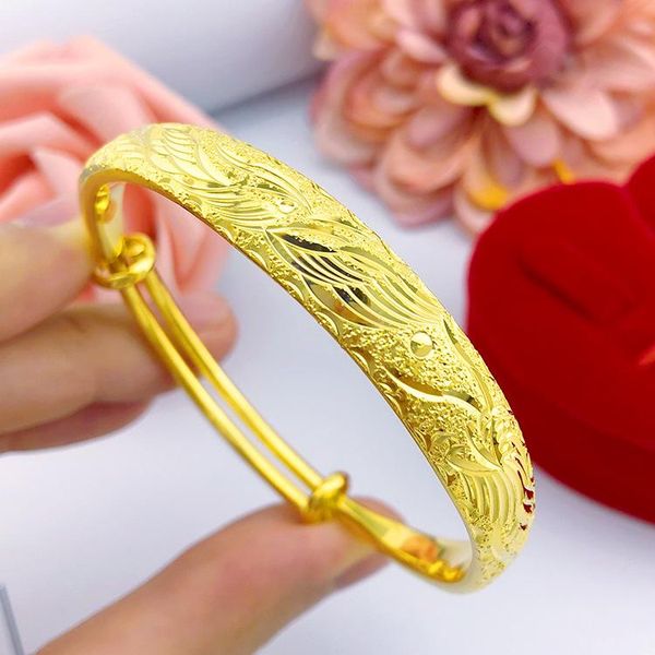 

bangle vintage carved for women 24k gold plated dragon & phoenix female push and pull bracelet bridal wedding jewelry gift, Black