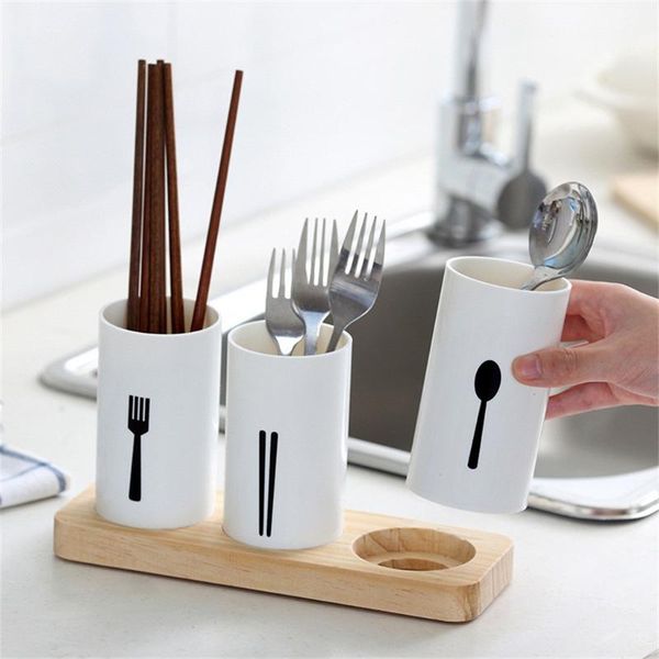 

storage bottles & jars chopsticks tube drain rack wooden base kitchen tableware spoon knife fork cutlery holder organizer box tools