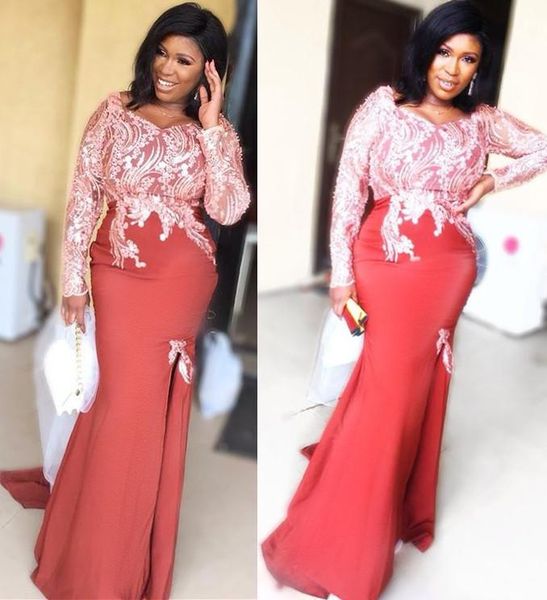 

2021 plus size evening dresses mermaid chiffon with white lace side slit custom appliqued beaded formal occasion wear arabic crystal prom pa, Black;red