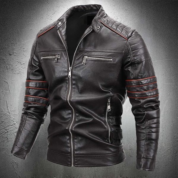 

motorcycle jacket men stand collar slim fit leather jacket biker mens vintage style streetwear leather coat men clothing 211009, Black
