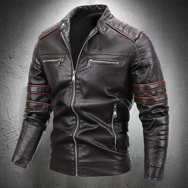 Motosiklet Ceket Erkekler Standı Yaka Slim Fit Deri Ceket Biker Erkek Vintage Stil Streetwear Deri Ceket Erkek Giyim 211009