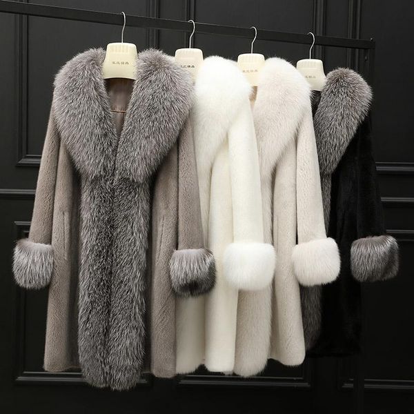 

women's fur & faux oversized green collar mink whole velvet overcoats over the knee coat women, Black