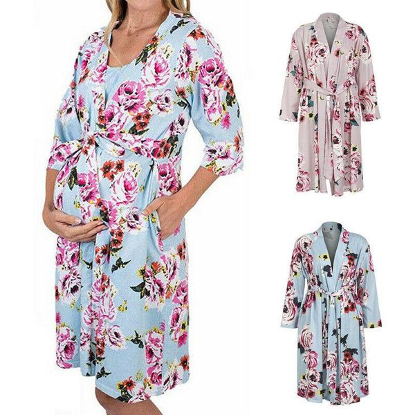 

maternity dresses 2021 women lady dress nursing nightdress nightgown sleepwear floral bathrobe print with belt, White