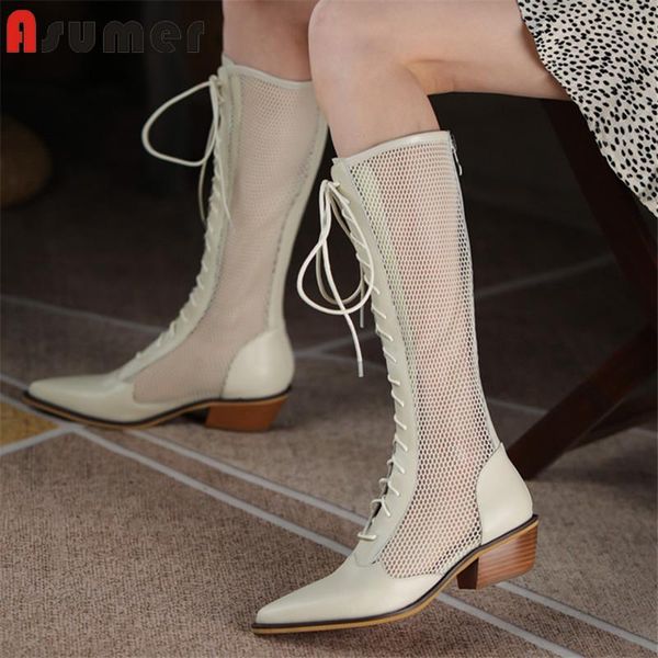 

asumer knee high boots women genuine leather summer mesh pointed toe thick heel casual shoes western, Black