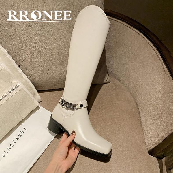 

boots pointy chain knee-high lady's knight's autumn/winter chunky heels, Black