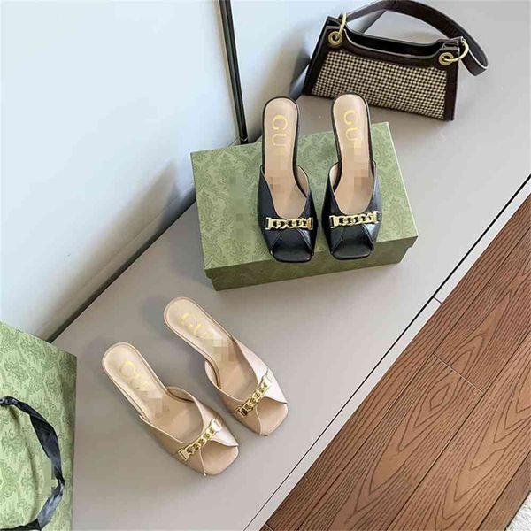 

70% off wholesale sandals flip-flops summer new style square head thin metal chain roman high heel slipper fish mouth open toe one line sand, Black