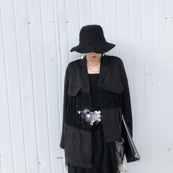 

women's jackets chaobai high street retro style individual stitching design flip-collar bf large black coat, Black;brown