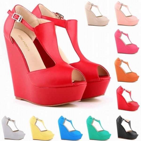 

women pumps leather high heels pu shoes wedges peep toe 14cm sandals wedding dress, Black