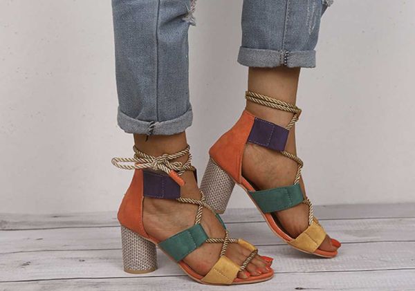 

sandals style fashion personality strappy chunky heels and high ladies plus-size, Black