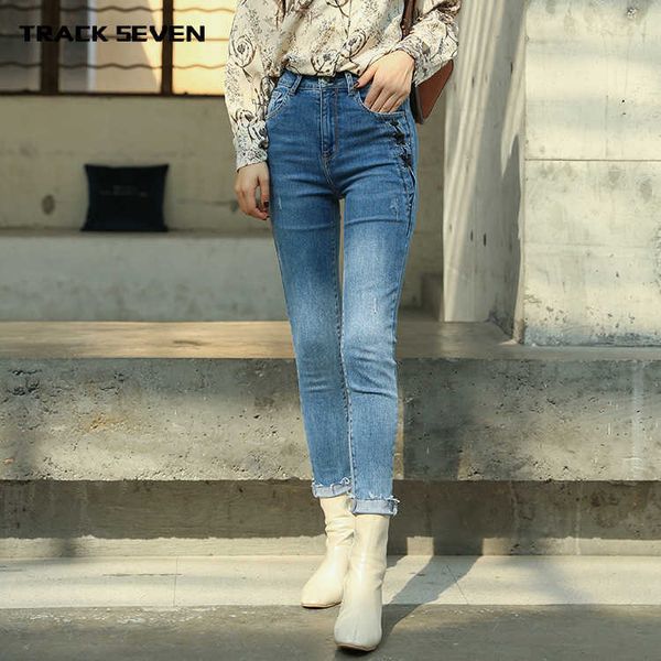 

fashion jeans denim spring waist stretch slim look women's cropped, Blue