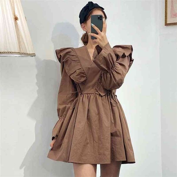 

[ewq] spring new sweet long sleeve v-neck flare sleeve women dresses korea style ruffles shangp ladies shirt dress qz44100 210409, Black;gray