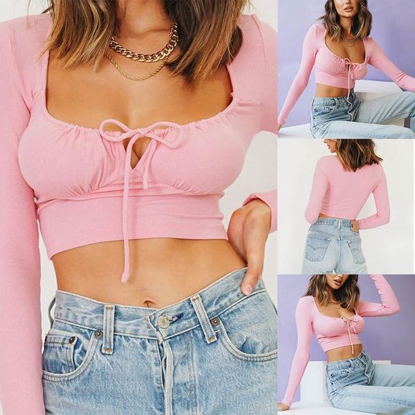 

women's fashion square neck tie long sleeve t-shirt pink, White