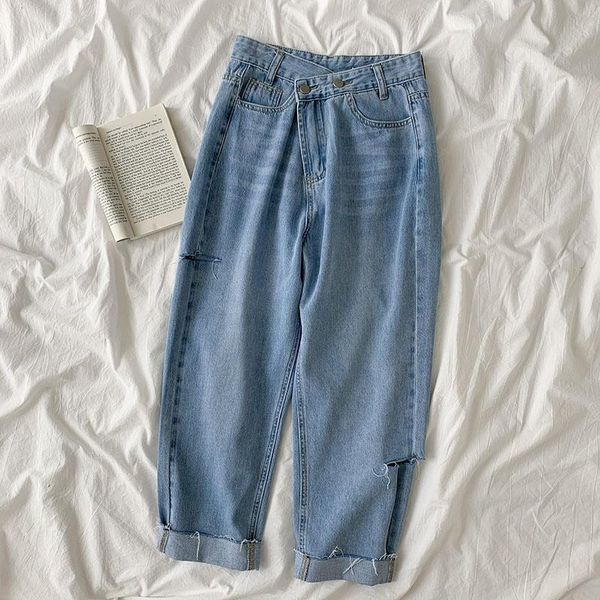 

women's jeans high waist women casual hole decor straight loose long denim pant femme fashion korean style cotton bottoms, Blue