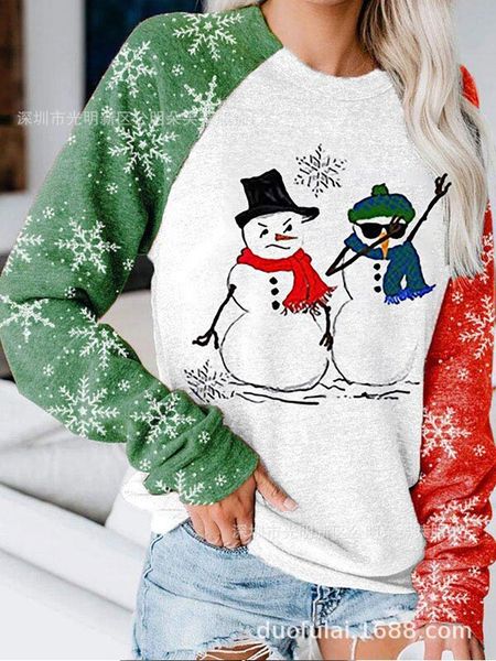 

christmas women's t-shirt printing stitching round neck long-sleeved women, Black