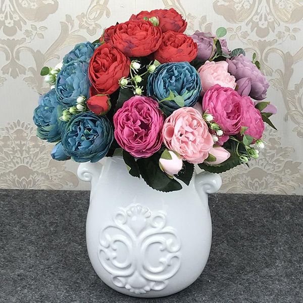 

decorative flowers & wreaths 30cm rose pink red peony artificial bouquet 5 big head and 4 bud fake for vase home wedding decoration