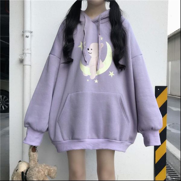 

japanese kawaii womens hoodie cartoon printed schoolgirl autumn and winter clothing korean sweet style loose long hoodies wome, Black