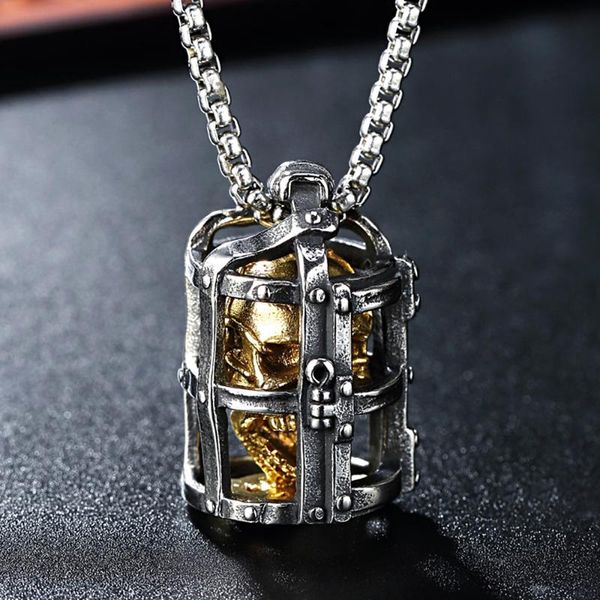

chains gothic stainless steel golden skull pendant necklace punk hip hop prison cage men biker party jewelry halloween gifts, Silver