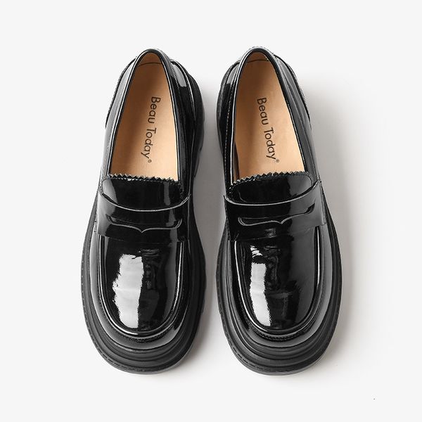 

dress shoes platform women patent leather chunky loafers round toe slip-on style female penny shoes handmade 27736, Black