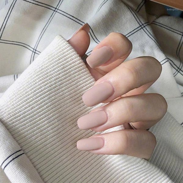 

24pcs/boxed khaki pure color matte mid-length square head press on nails women wearable full cover artificial with glue1, Red;gold