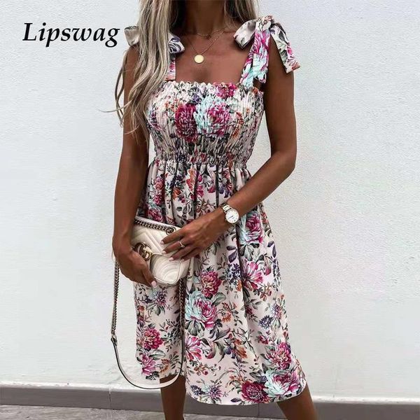 

casual dresses vintage floral print sling beach elegant women slash neck tie-up dress summer ladies sleeveless, Black;gray