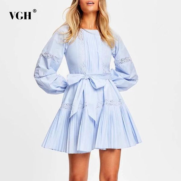 

casual dresses vgh blue lace up bowknot dress female round neck bishop long sleeve high waist mini for women 2021 summer fashion, Black;gray