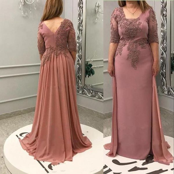2021 Vintage Anne Gelin Elbiseler Kare Boyun Yarım Kollu Dantel Aplikler Tozlu Pembe Kat Uzunluk Düğün Konuk Anneler Elbise Abiye giyim Artı Boyutu