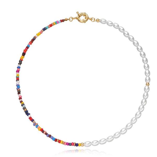 

chokers boshemian style necklace fo women colorful rice beads imitation pearl clavicle chain boho fish line collar choker female jewelry, Golden;silver