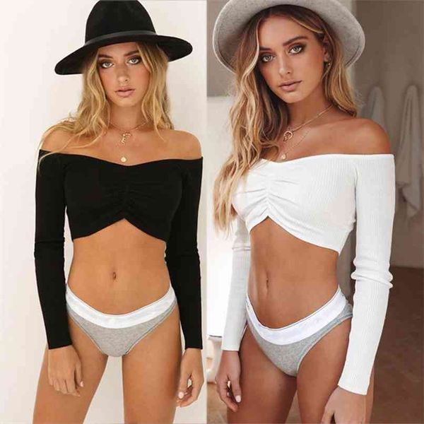 

summer women fashion white off shoulder long sleeve out wear casual club party elegant lady shirts 210507