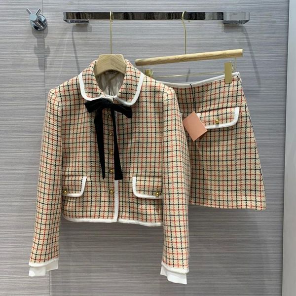 

women's tracksuits autumn 2021 lattice two piece set bow decoration foreign style color matching doll collar coat, Gray