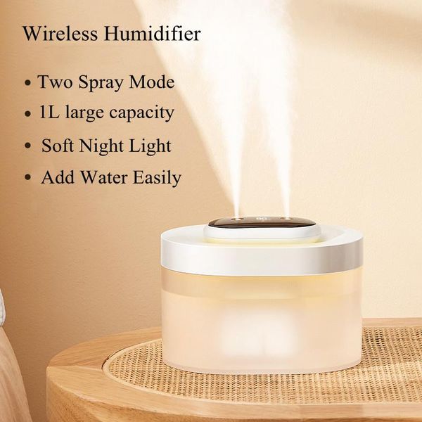 

humidifiers 1l double nozzle led air humidifier 2000mah rechargeable battery wireless ultrasonic aroma water diffuser usb mist maker fogger