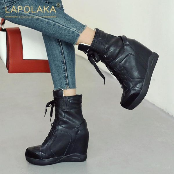 

boots lapolaka 2021 fashion luxury woman shoes platform wedge high heels shoelace trendy ins splite booties lady, Black