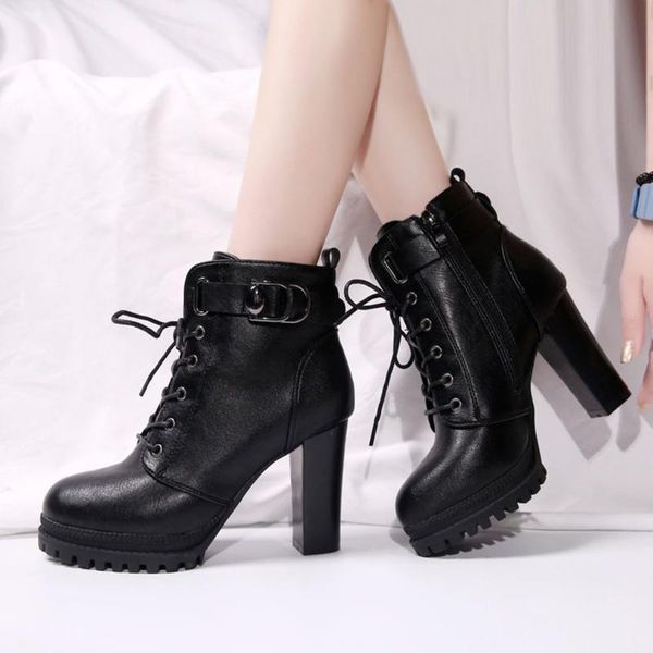 

boots shoes woman fashion women lace up solid buckle decoration round toe party, Black