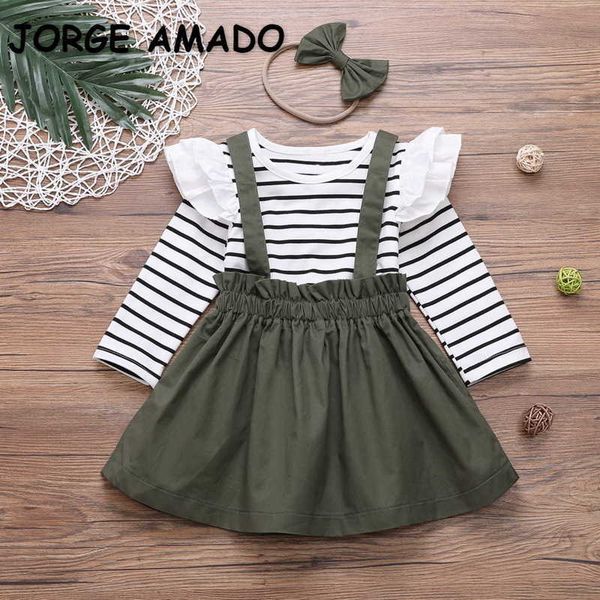 Venda Por Atacado Primavera Spring Spring Girls 3-PCS Conjuntos T-shirt listrado + Soild Color Suspender Saia + Bow Headband Moda Outfits E005 210610