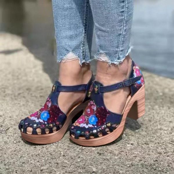 

sandals wedge women summer retro round head flower thick bottom high heel casual plus size beach party ladies, Black