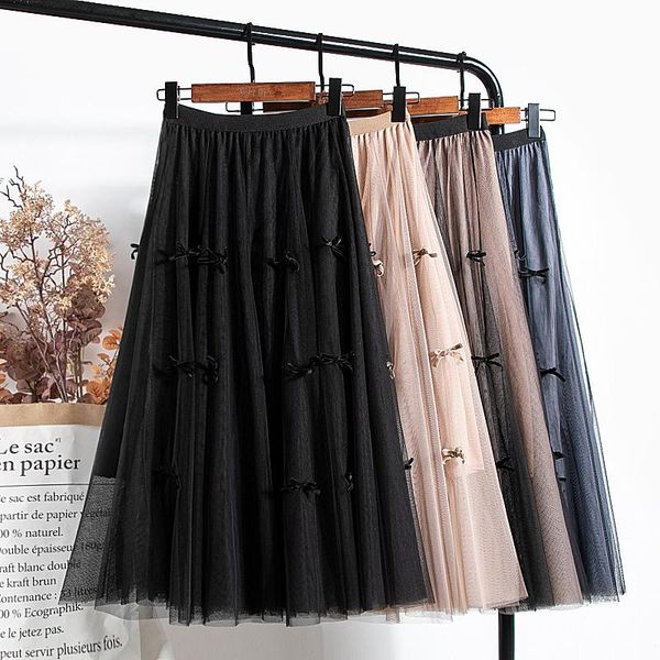 

skirts spring gradient patchwork tulle bowknots a-line maxi long pleated, Black
