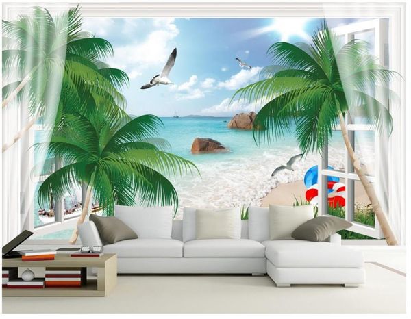 

wallpapers custom 3d wallpaper wall murals mediterranean mural window seaview seagull coconut tree beautiful tv