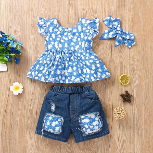 

summer baby girls clothes floral ruffled button +ripped denim shorts outfits 2pcs fashion casual kids set for 6m-5year clothing sets, White