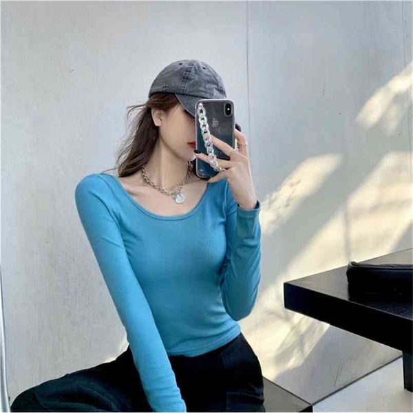 

fashion crop long sleeve tight t-shirt solid harajuku korean female o-neck short summer women women 210507, White