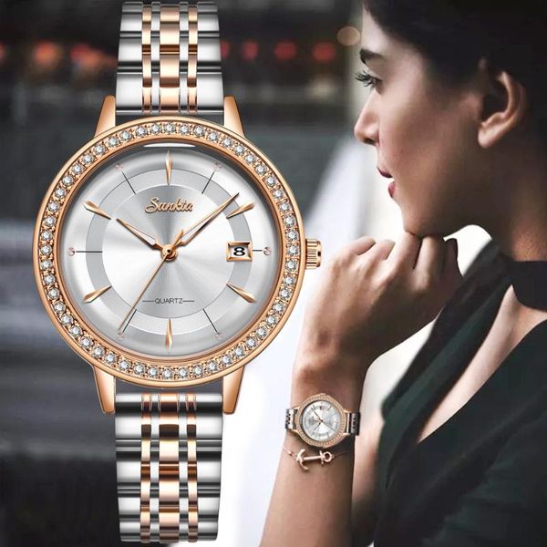 

wristwatches 2021 brand women bracelet watches luxury rhinestone rose gold dress watch ladies fashion casual alloy quartz, Slivery;brown