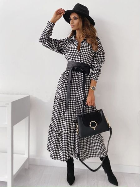 

luxury casual drs2021 long sleeve plaid drs belt waist oversized swing drs, Black;gray
