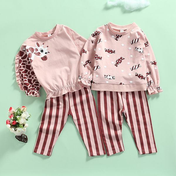 

2pcs toddler infant girls casual outfits suit cute baby girls giraffe/candy print long sleeve pullover+color block striped pants, White