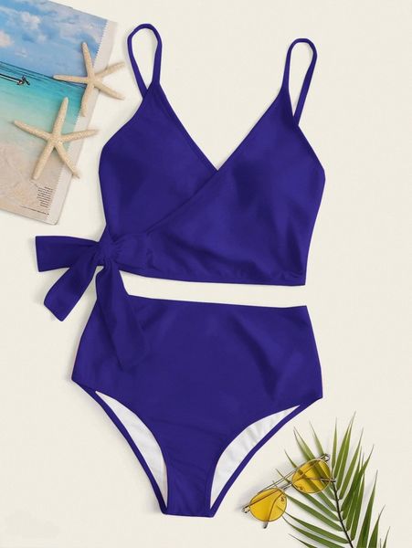 

plus knot side high waisted bikini swimsuit 9203#, Black