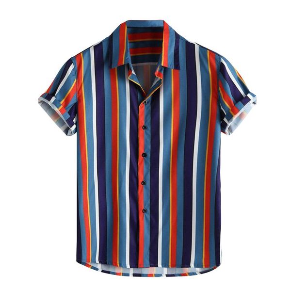 

striped men's shirt summer beach rainbow shirts for men clothing streetwear short sleeve work blouse chemise homme casual, White;black