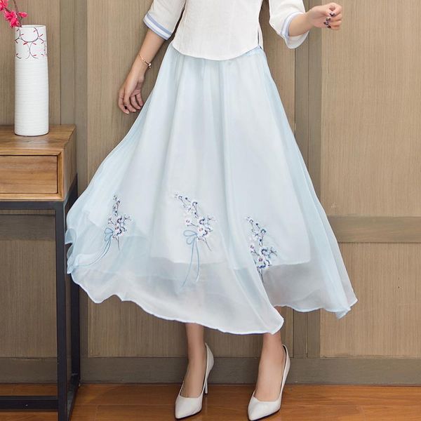 

national wind chiffon women summer vintage skirts white blue skirt 8361, Black