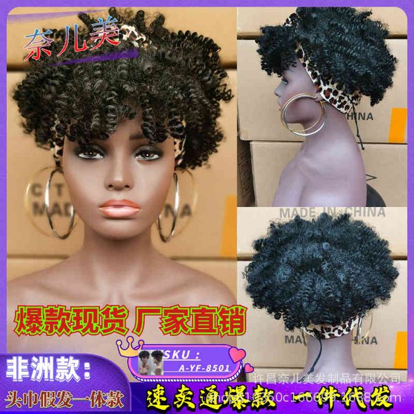 

wrapped wig integrated tube headband short black human hair with chemical fiber, Black;brown