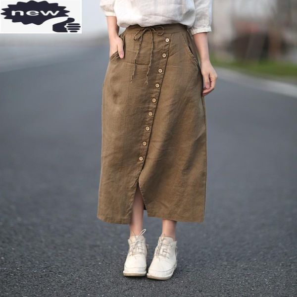

harajuku vintage linen skirt women elastic high waist single breasted split a-line female loose mid-calf casual skirts, Black
