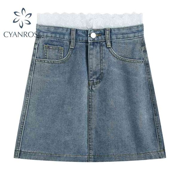 

summer women's high waist denim skirt lace butterfly embroidery mini a-line skirts y2k streetwear elegant clothes 210515, Black